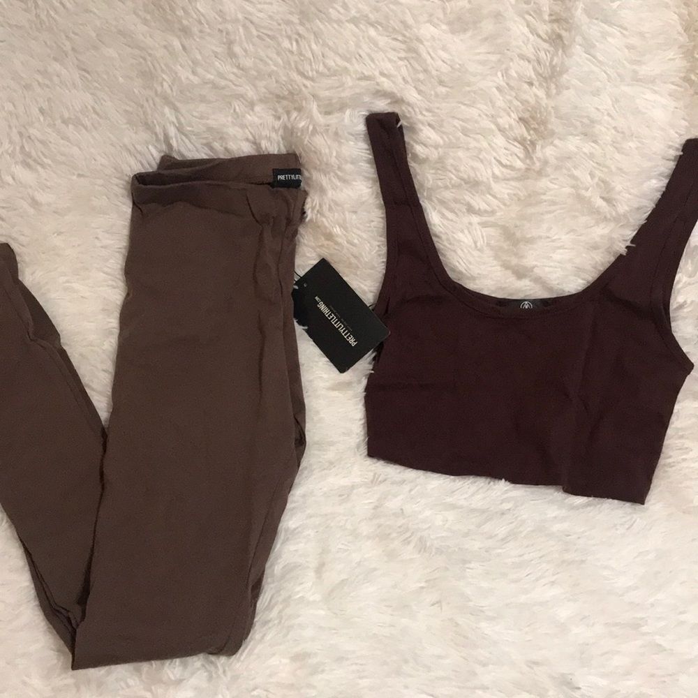 NWT Brown Crop Top + Leggings Set Y2K Bodycon Lounge Co Ord